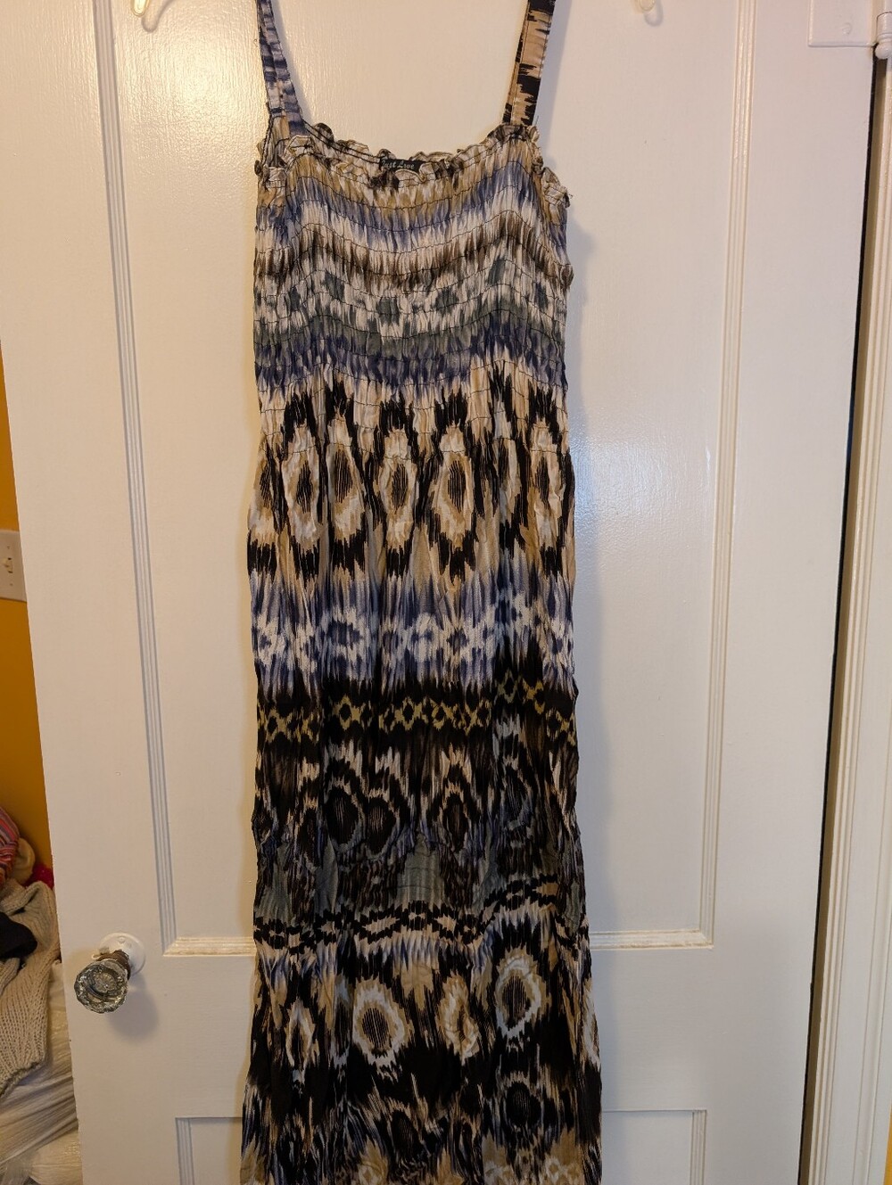 Women's Smocked Maxi Skirt Dress in Blue, Black & Cream
